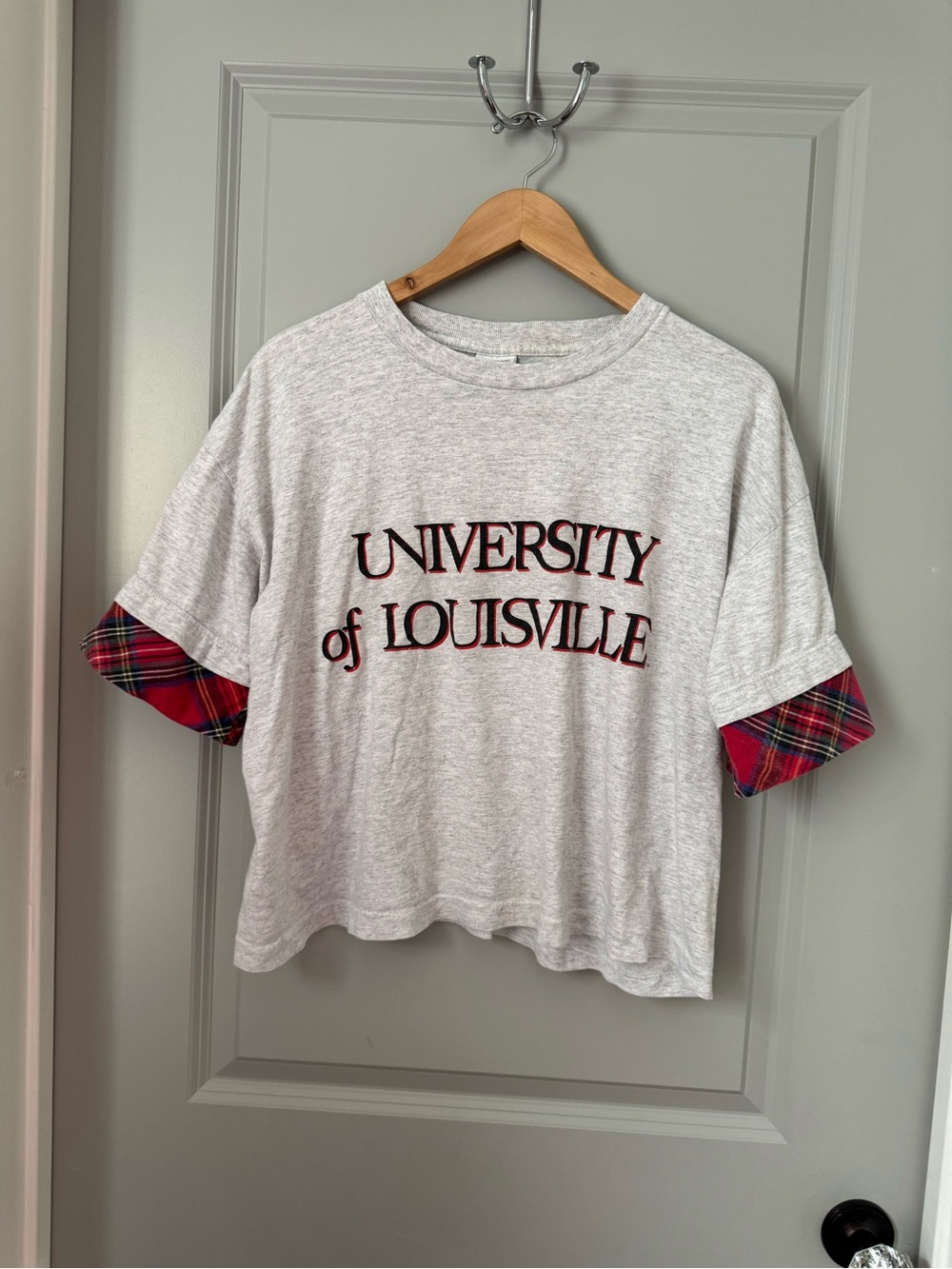 Vintage University of Louisville Gray Cropped Tee with Red Plaid Cuffs
